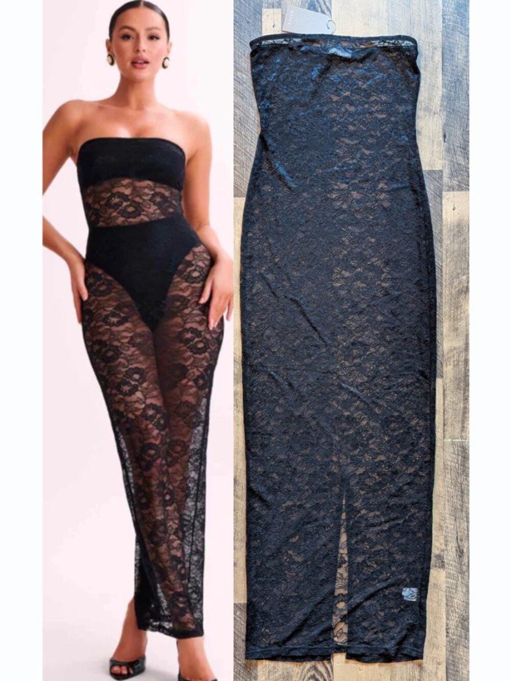Meshki Sasha Strapless Maxi Dress Sheer Lace Black Medium